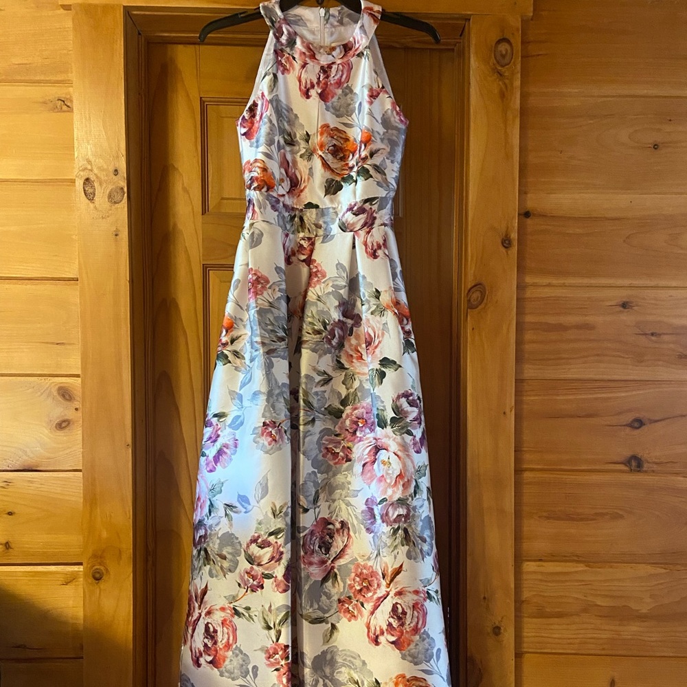 Eliza J Floral Brocade Halter Ball Gown